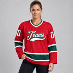 Custom Red Hockey Jersey with White and Green Lettering Design 0331 worn by female model