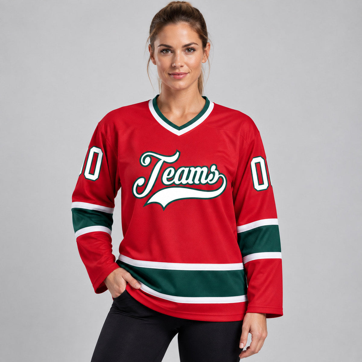 Custom Red Hockey Jersey with White and Green Lettering Design 0331 worn by female model