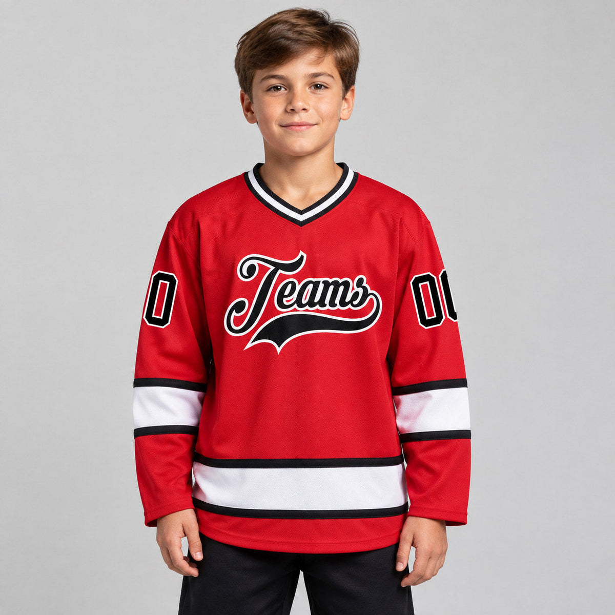 Custom Red Hockey Jersey with Black and White Lettering Design 0328 youth size worn by child model