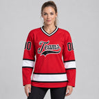 Custom Red Hockey Jersey with Black and White Lettering Design 0328 worn by female model
