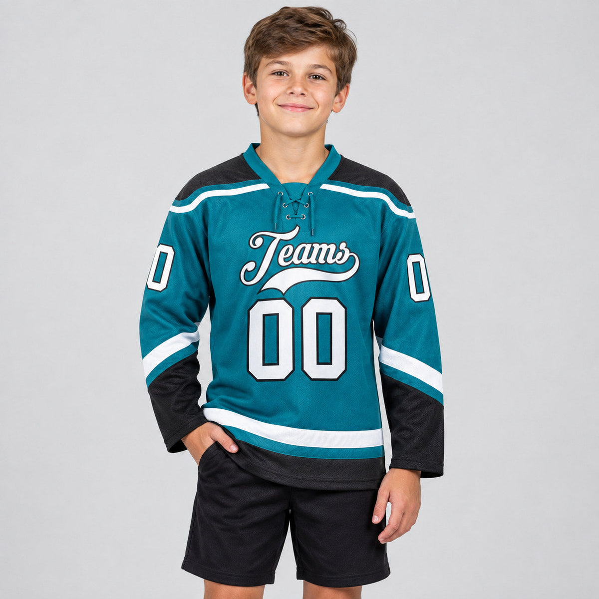 Custom Teal Lace Neck Hockey Jersey with White and Black Lettering youth size worn by child model