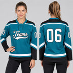 Custom Teal Lace Neck Hockey Jersey with White and Black Lettering worn by female model
