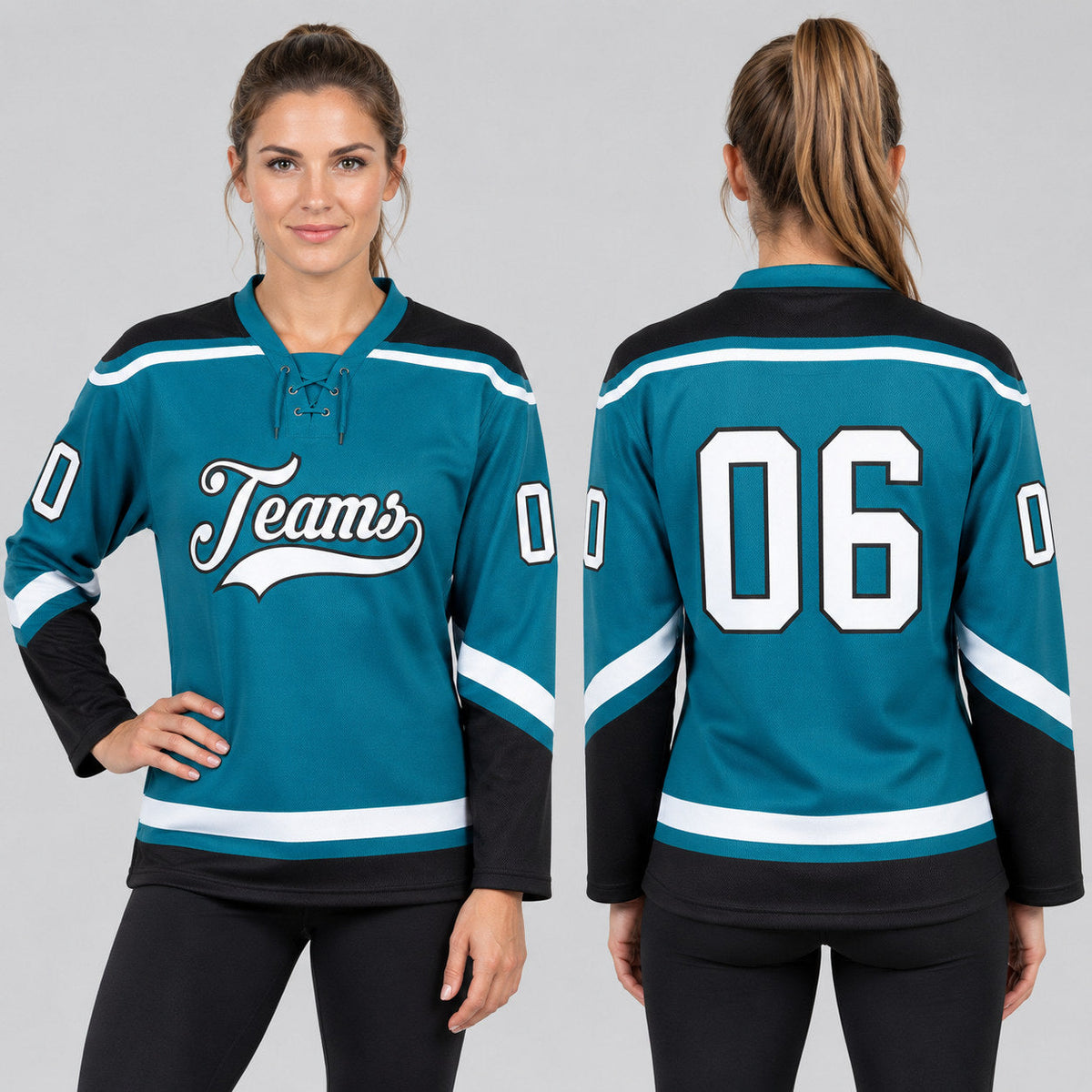 Custom Teal Lace Neck Hockey Jersey with White and Black Lettering worn by female model