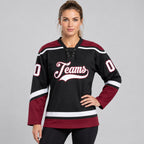 Custom Black Lace Neck Hockey Jersey with White and Crimson Lettering worn by female model