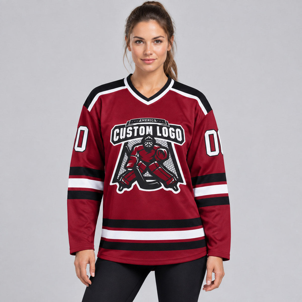 Custom Maroon Hockey Jersey with White and Black Lettering Design 0055 worn by female model