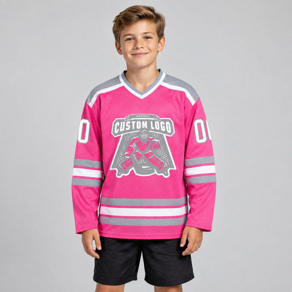 Custom Pink Hockey Jersey with White and Gray Lettering Design 0163 youth size worn by child model