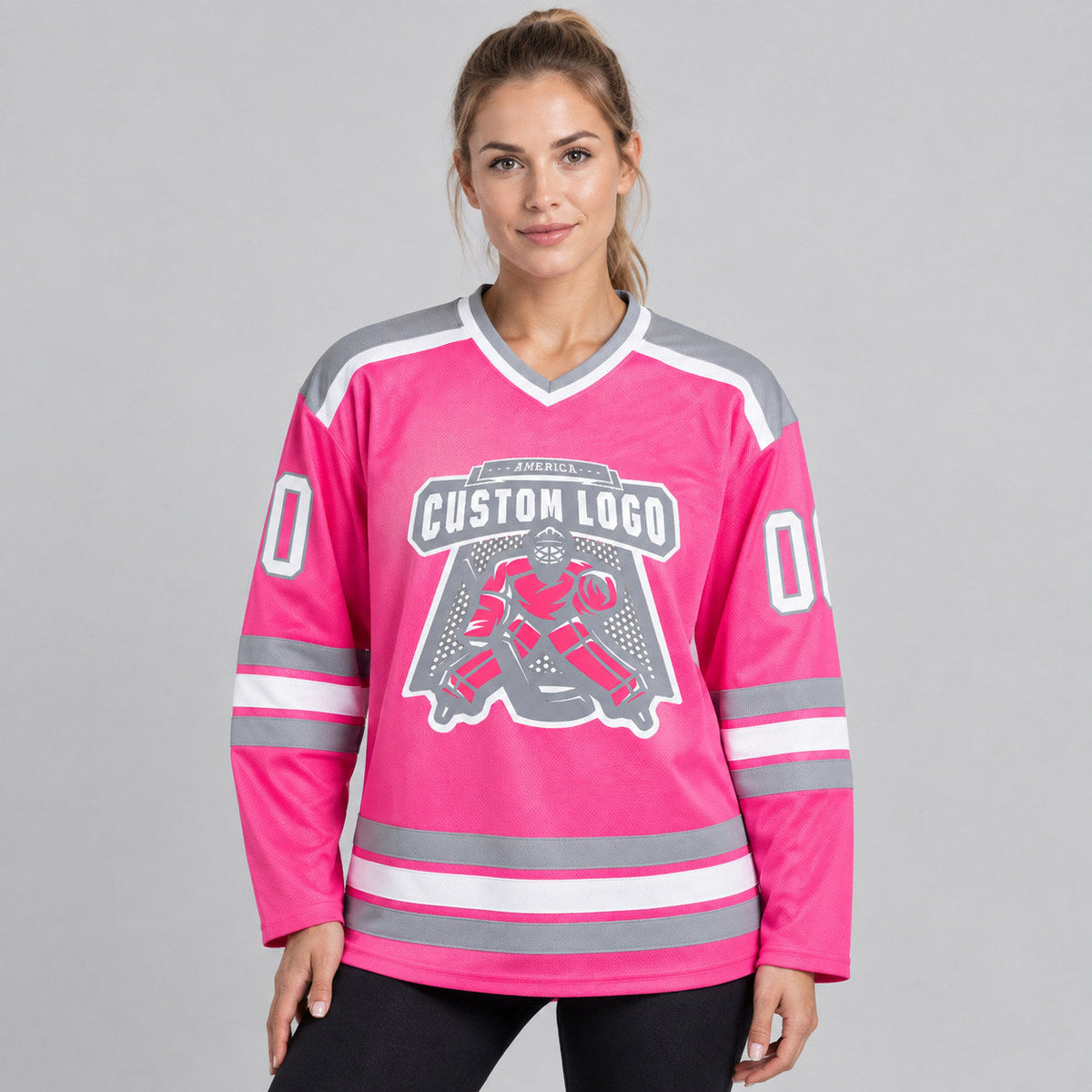 Custom Pink Hockey Jersey with White and Gray Lettering Design 0163 worn by female model