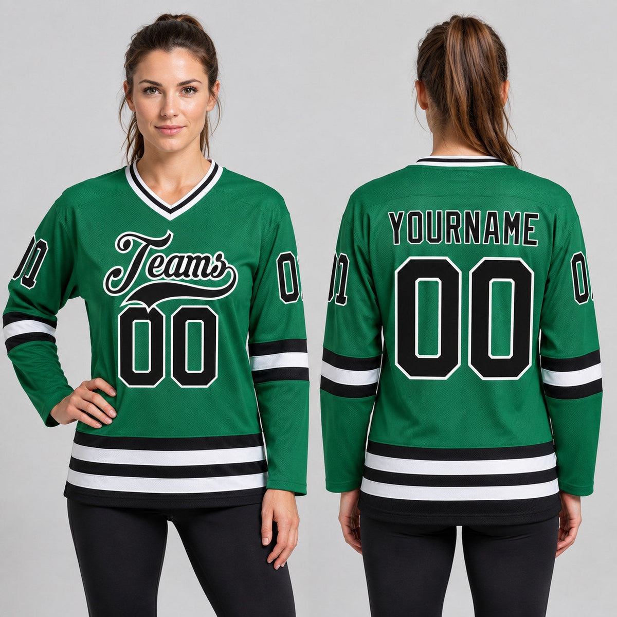 Custom Kelly Green Hockey Jersey with Black and White Lettering Design 0164 worn by female model