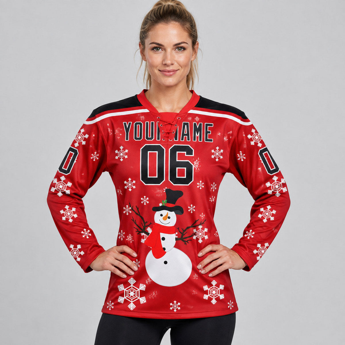 Custom Red Christmas Snowman Lace Neck Hockey Jersey with Black and White Lettering worn by female model