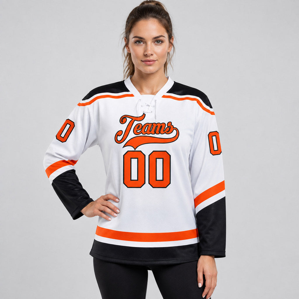 Custom White Lace Neck Hockey Jersey with Orange and Black Lettering Design 1447 worn by female model
