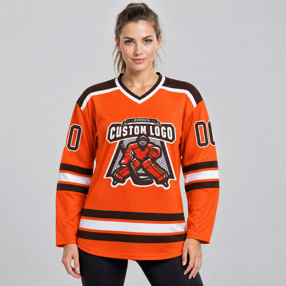Custom Orange Hockey Jersey with Brown and White Lettering worn by female model