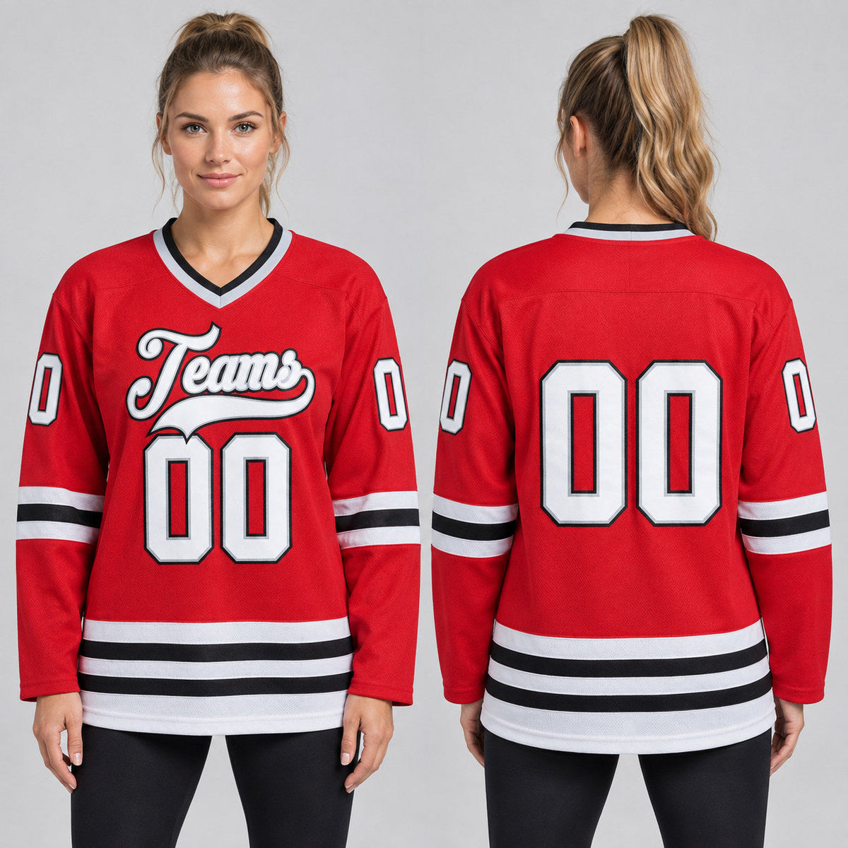 Custom Red Hockey Jersey with White and Gray Lettering Design 0300 worn by female model