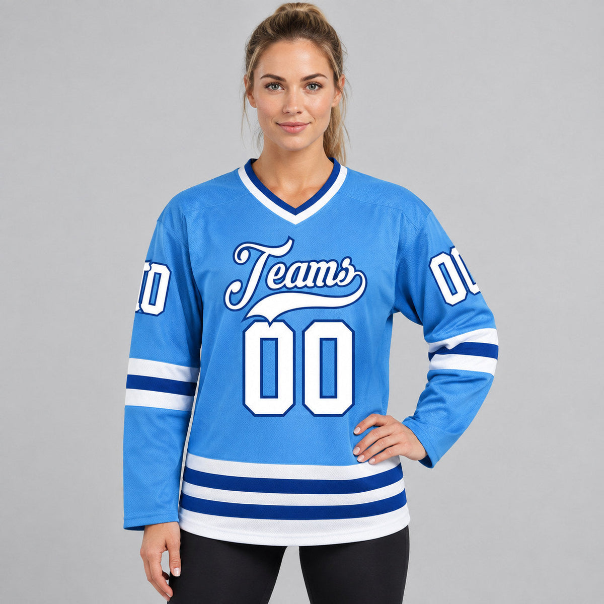 Custom Powder Blue Hockey Jersey with White and Royal Lettering worn by female model