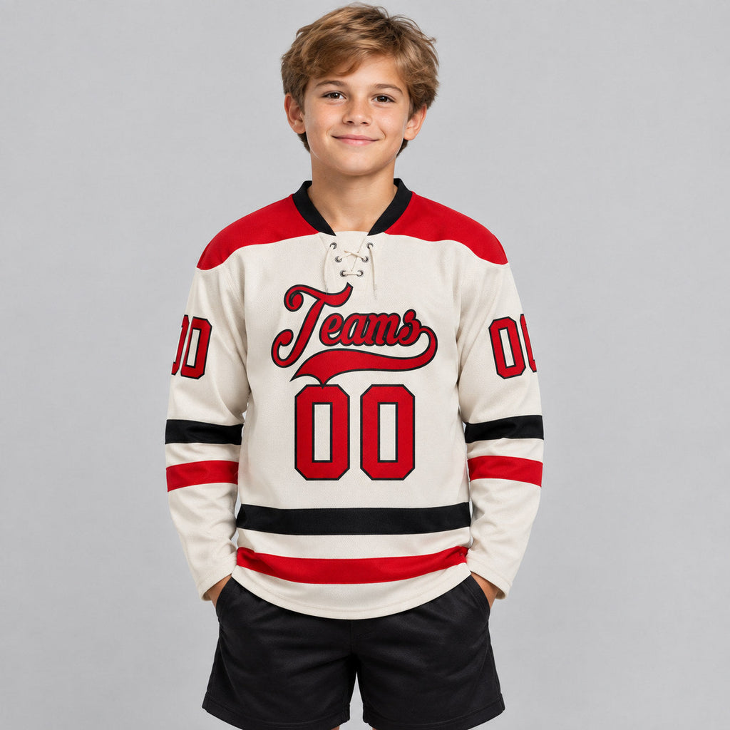 Custom Cream Lace Neck Hockey Jersey with Red and Black Lettering Design 0869 youth size worn by child model