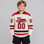 Custom Cream Lace Neck Hockey Jersey with Red and Black Lettering Design 0869 youth size worn by child model