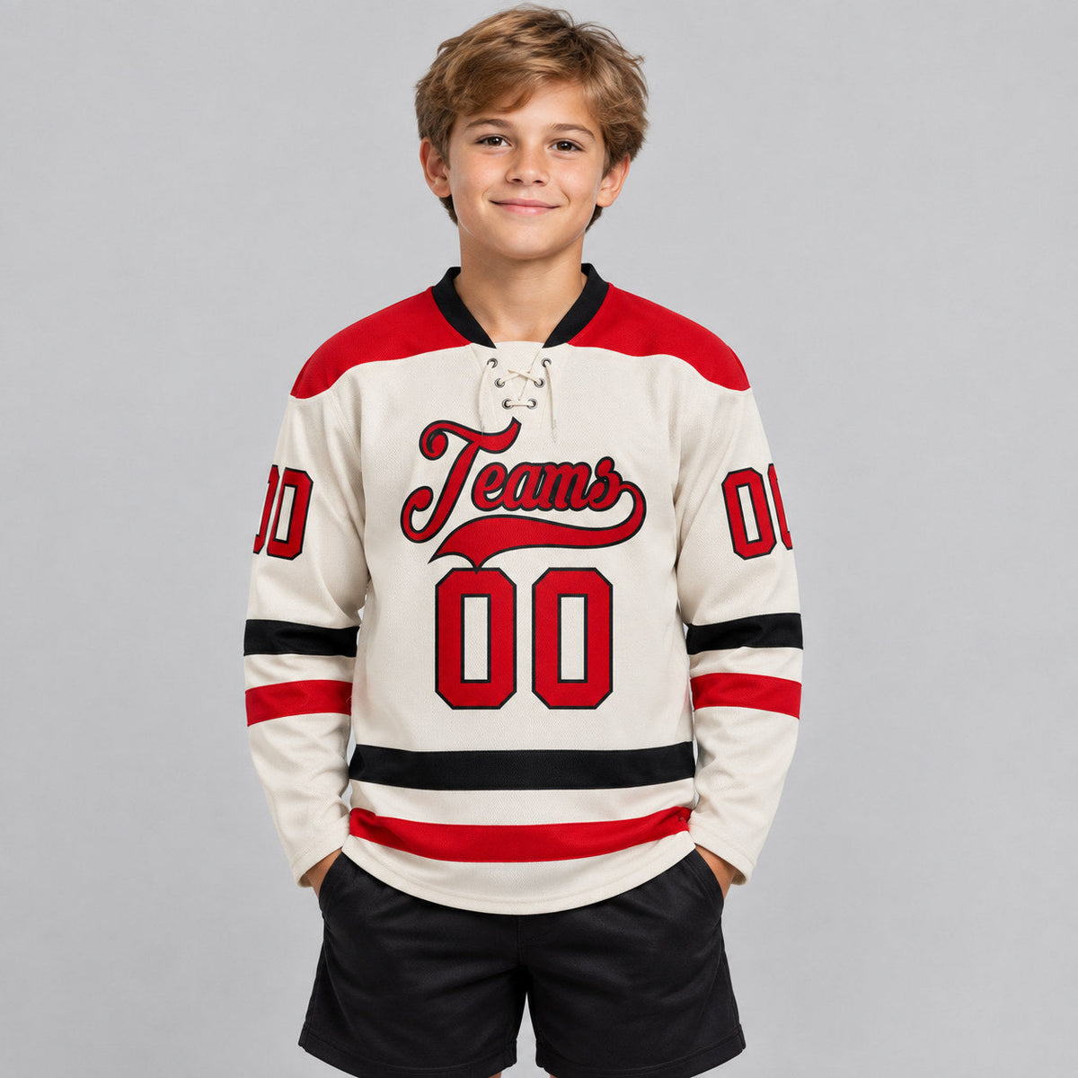 Custom Cream Lace Neck Hockey Jersey with Red and Black Lettering Design 0869 youth size worn by child model