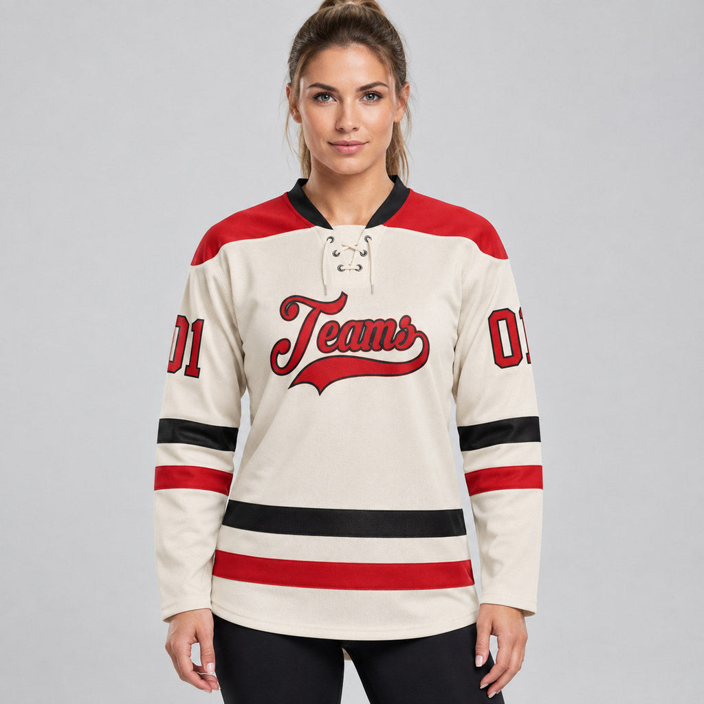 Custom Cream Lace Neck Hockey Jersey with Red and Black Lettering Design 0869 worn by female model