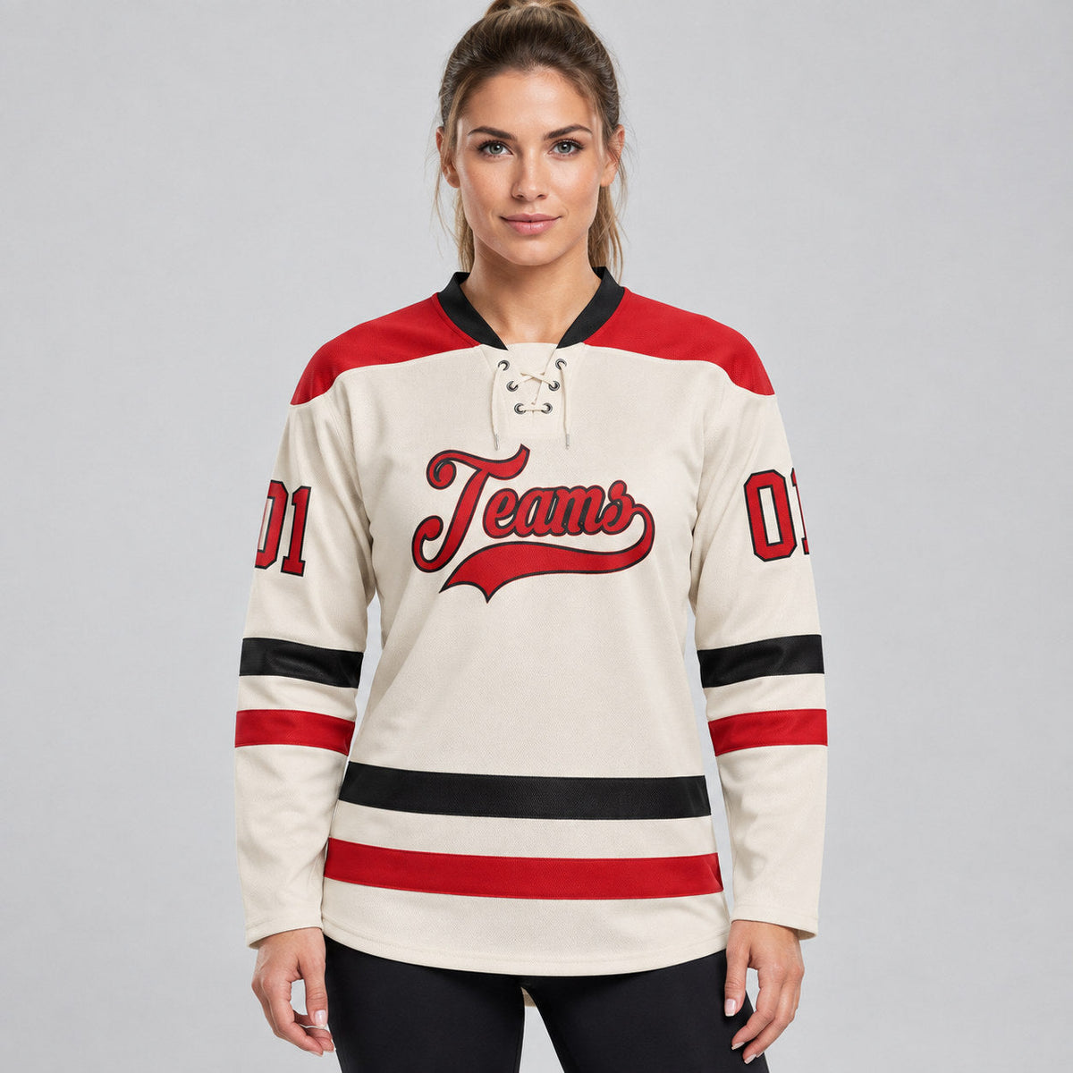 Custom Cream Lace Neck Hockey Jersey with Red and Black Lettering Design 0869 worn by female model