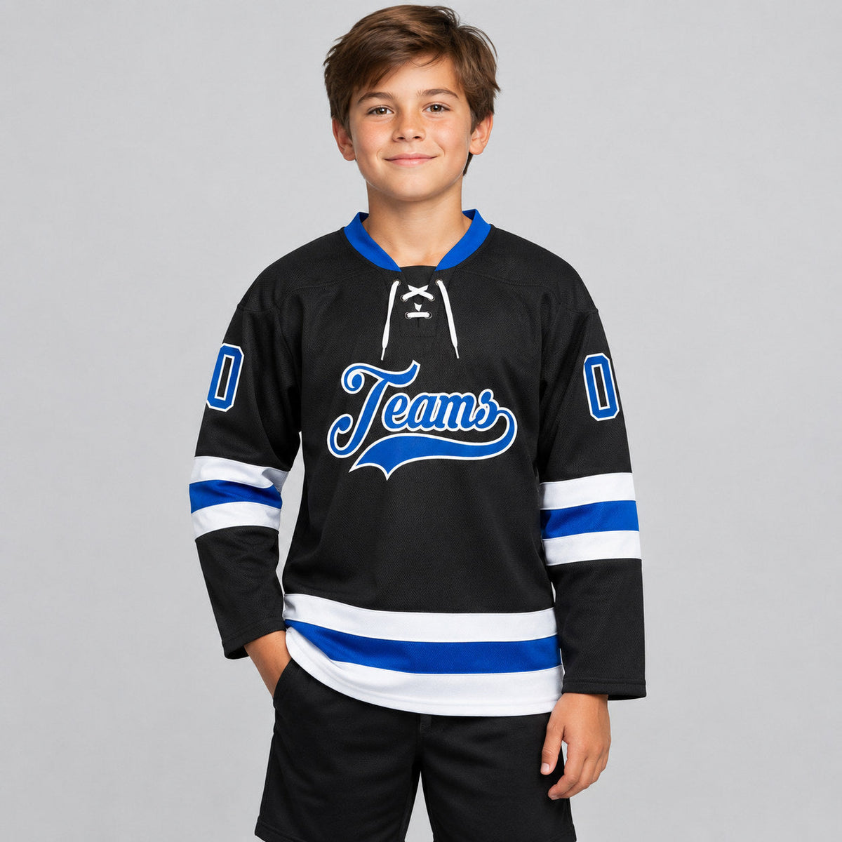 Custom Black Lace Neck Hockey Jersey with Royal and White Lettering Design 2300 youth size worn by child model