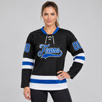 Custom Black Lace Neck Hockey Jersey with Royal and White Lettering Design 2300 worn by female model