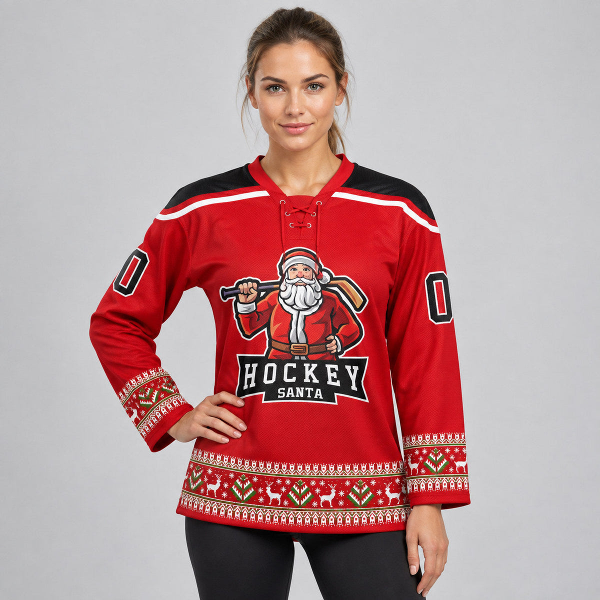 Custom Red Christmas Santa Claus Lace Neck Hockey Jersey with Black and White Lettering Design 1822 worn by female model