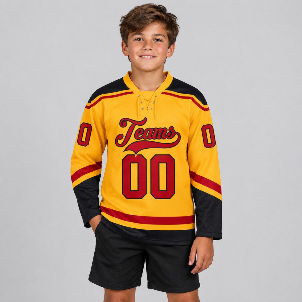 Custom Gold Lace Neck Hockey Jersey with Red and Black Lettering youth size worn by child model