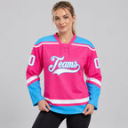 Custom Pink Lace Neck Hockey Jersey with White and Sky Blue Lettering worn by female model