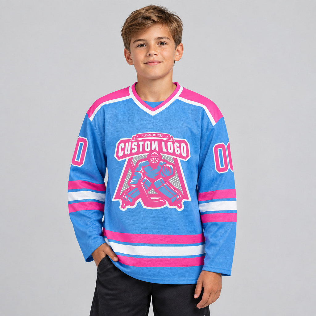 Custom Light Blue Hockey Jersey with Pink and White Lettering Design 0275 youth size worn by child model