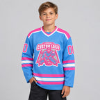 Custom Light Blue Hockey Jersey with Pink and White Lettering Design 0275 youth size worn by child model