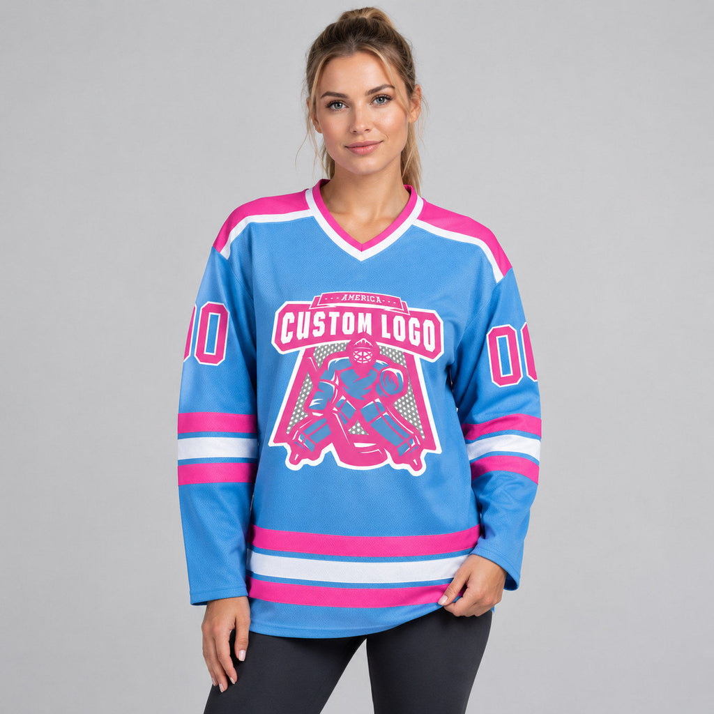 Custom Light Blue Hockey Jersey with Pink and White Lettering Design 0275 worn by female model