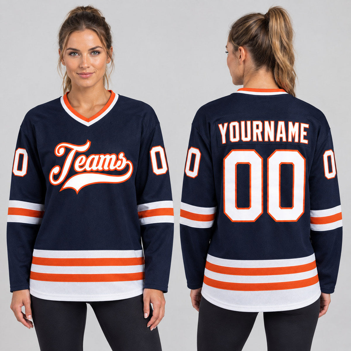 Custom Navy Hockey Jersey with White and Orange Lettering worn by female model