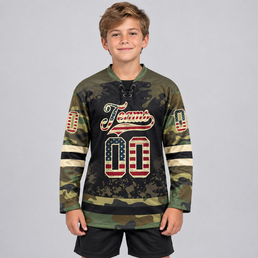 Custom Olive Camo Vintage USA Flag Splash Lace Neck Hockey Jersey with Black and Cream Lettering youth size worn by child model