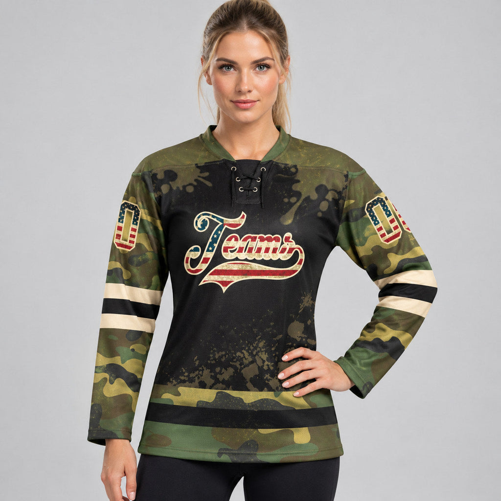 Custom Olive Camo Vintage USA Flag Splash Lace Neck Hockey Jersey with Black and Cream Lettering worn by female model