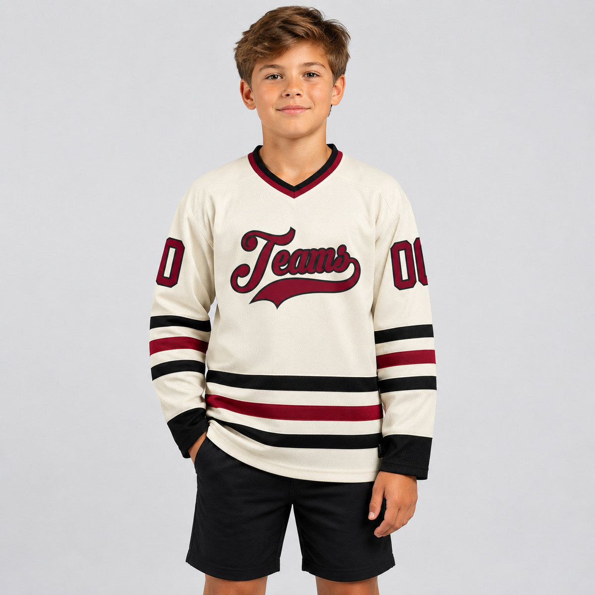 Custom Cream Hockey Jersey with Maroon and Black Lettering youth size worn by child model