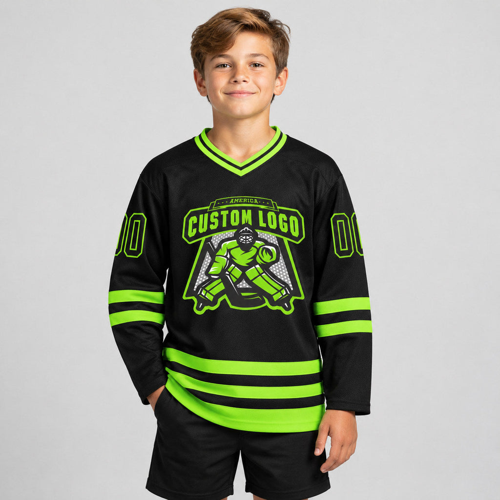 Custom Black Hockey Jersey with Neon Green Lettering Design 2478 youth size worn by child model