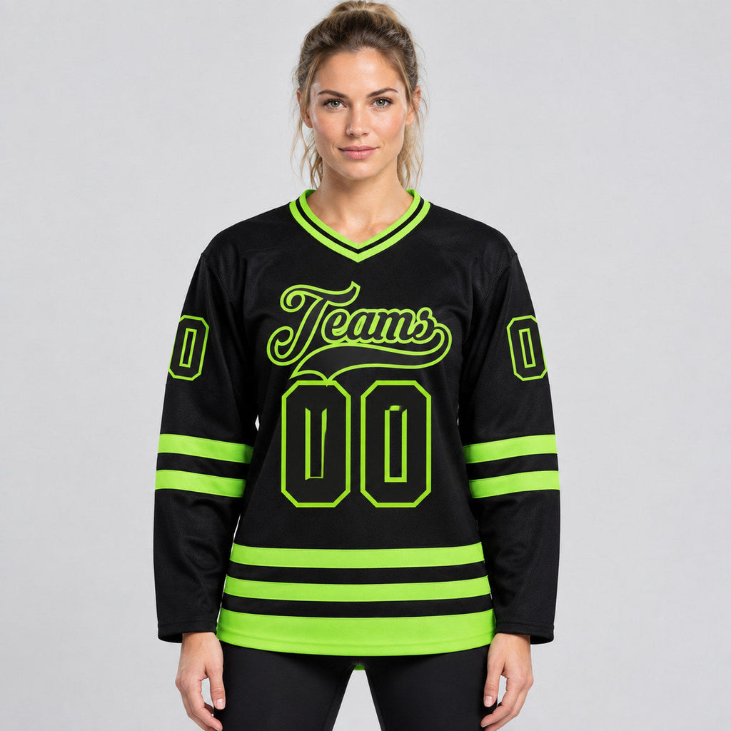 Custom Black Hockey Jersey with Neon Green Lettering Design 2478 worn by female model