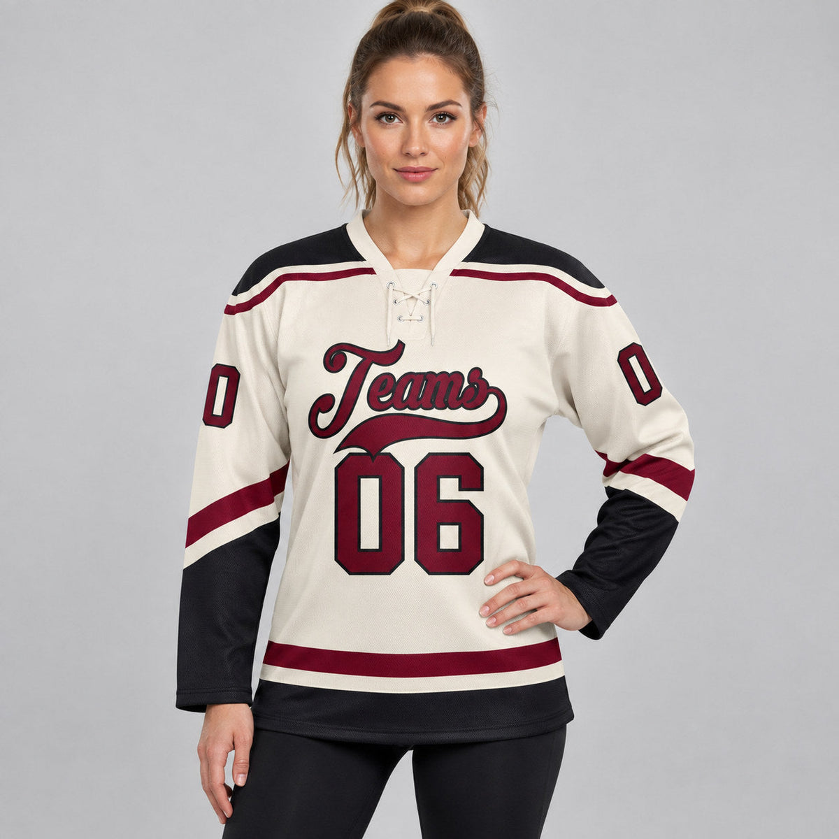 Custom Cream Lace Neck Hockey Jersey with Maroon and Black Lettering Design 0560 worn by female model