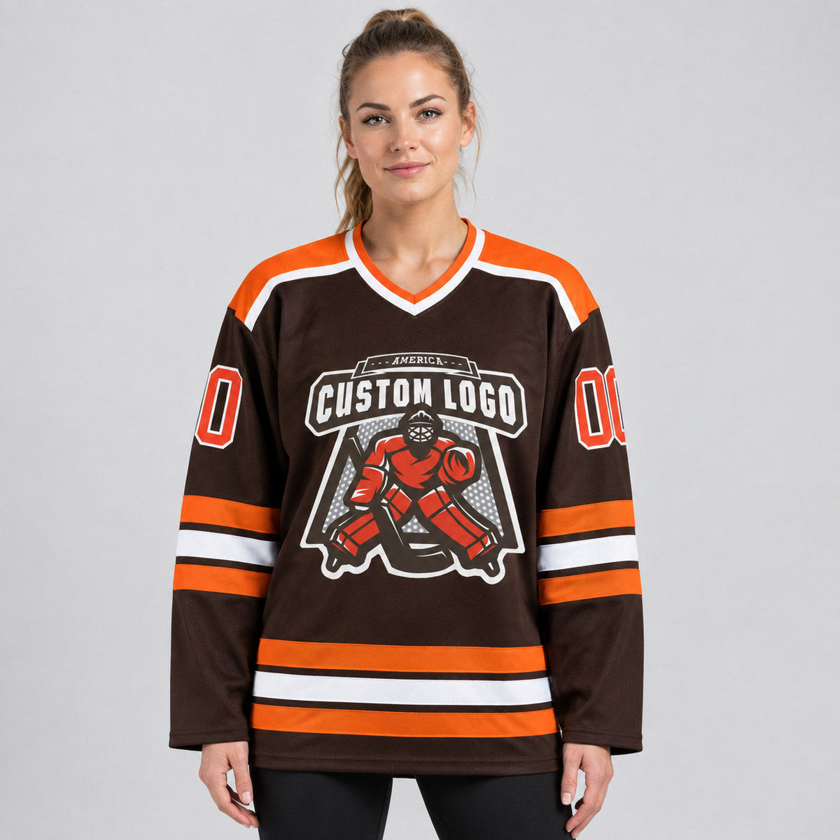 Custom Brown Hockey Jersey with Orange and White Lettering Design 0103 worn by female model