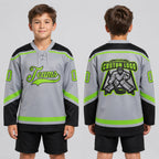 Custom Gray Lace Neck Hockey Jersey with Neon Green and Black Lettering Design 0598 youth size worn by child model