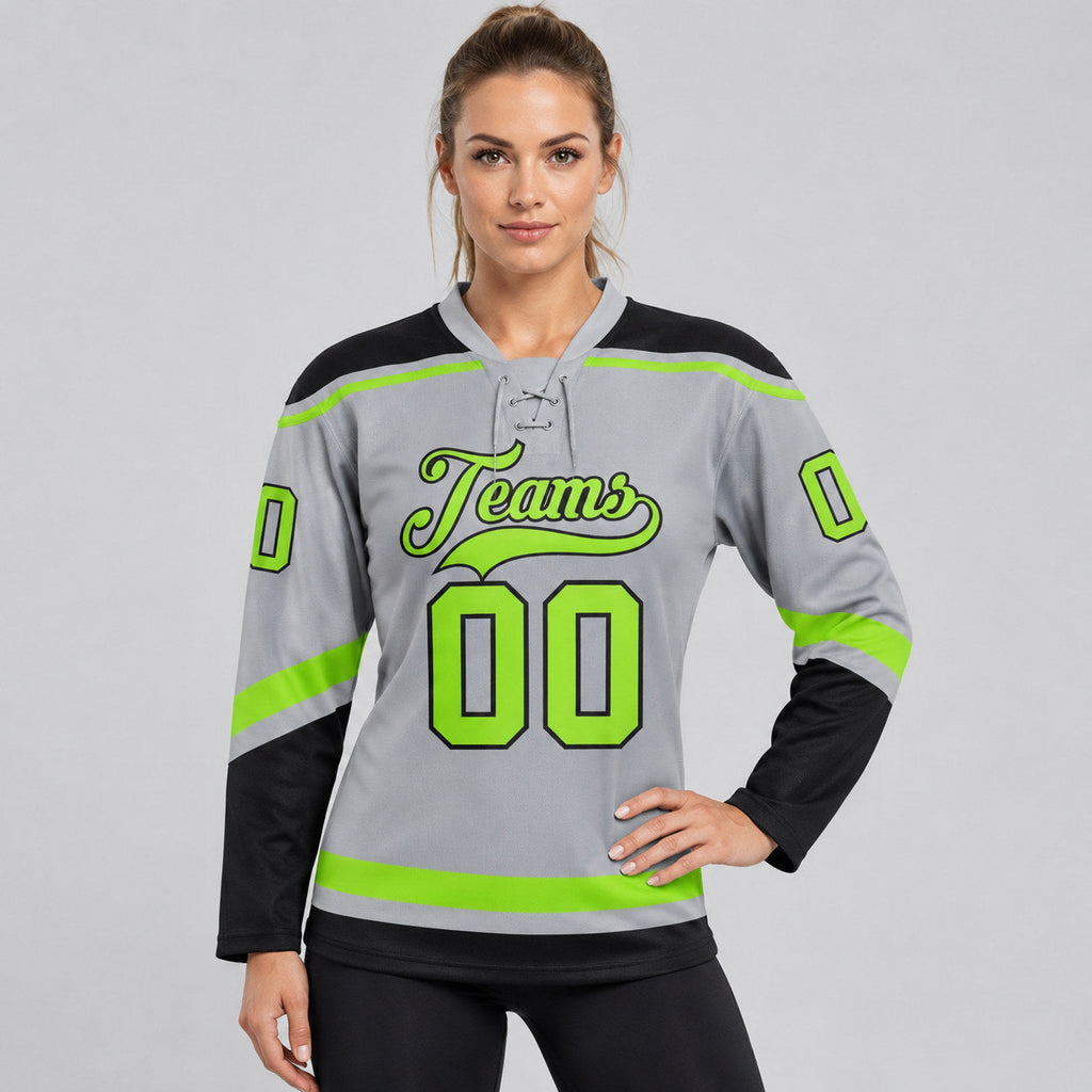 Custom Gray Lace Neck Hockey Jersey with Neon Green and Black Lettering Design 0598 worn by female model