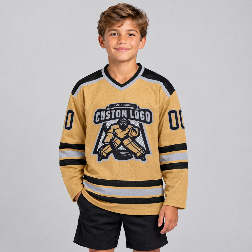 Custom Old Gold Hockey Jersey with Black and Gray Lettering Design 0037 youth size worn by child model