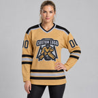 Custom Old Gold Hockey Jersey with Black and Gray Lettering Design 0037 worn by female model