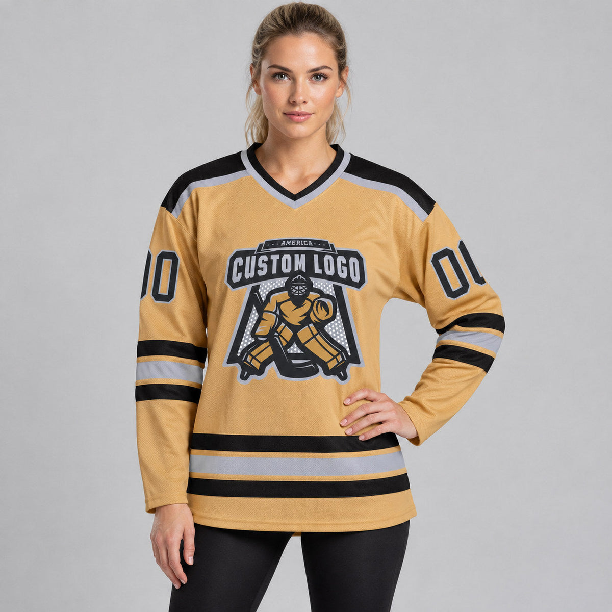 Custom Old Gold Hockey Jersey with Black and Gray Lettering Design 0037 worn by female model