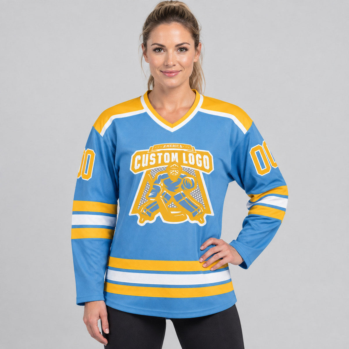 Custom Light Blue Hockey Jersey with Gold and White Lettering Design 0271 worn by female model