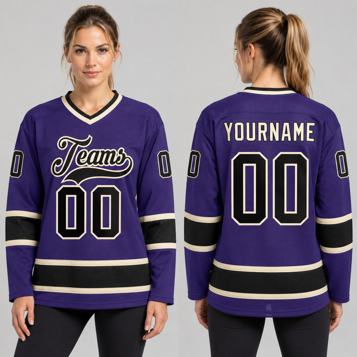 Custom Purple Hockey Jersey with Black and Cream Lettering worn by female model