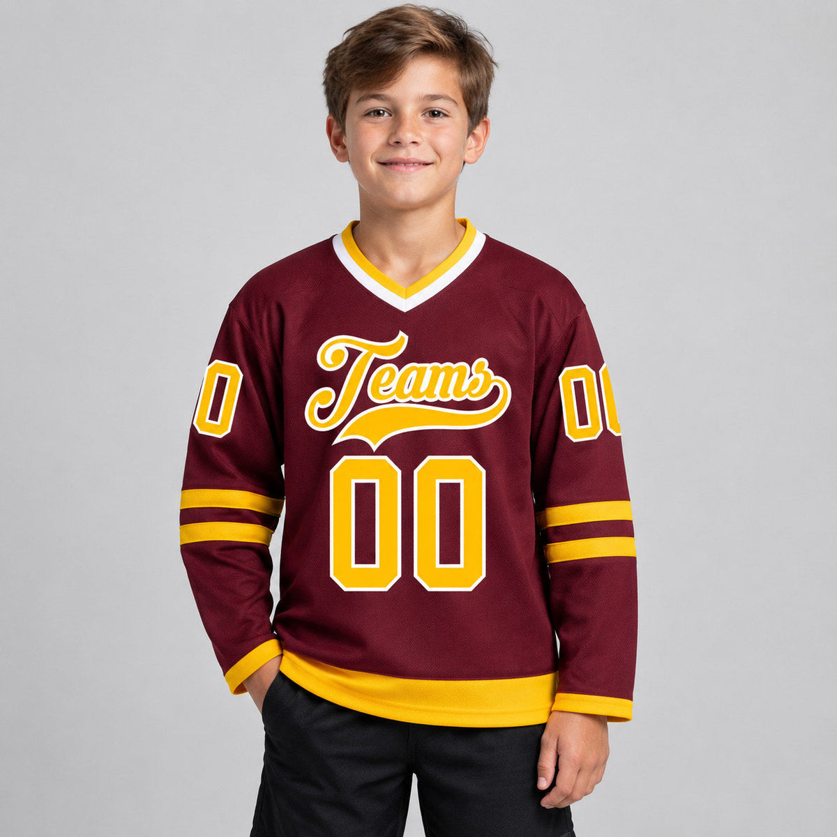 Custom Burgundy Hockey Jersey with Gold and White Lettering Design 0047 youth size worn by child model