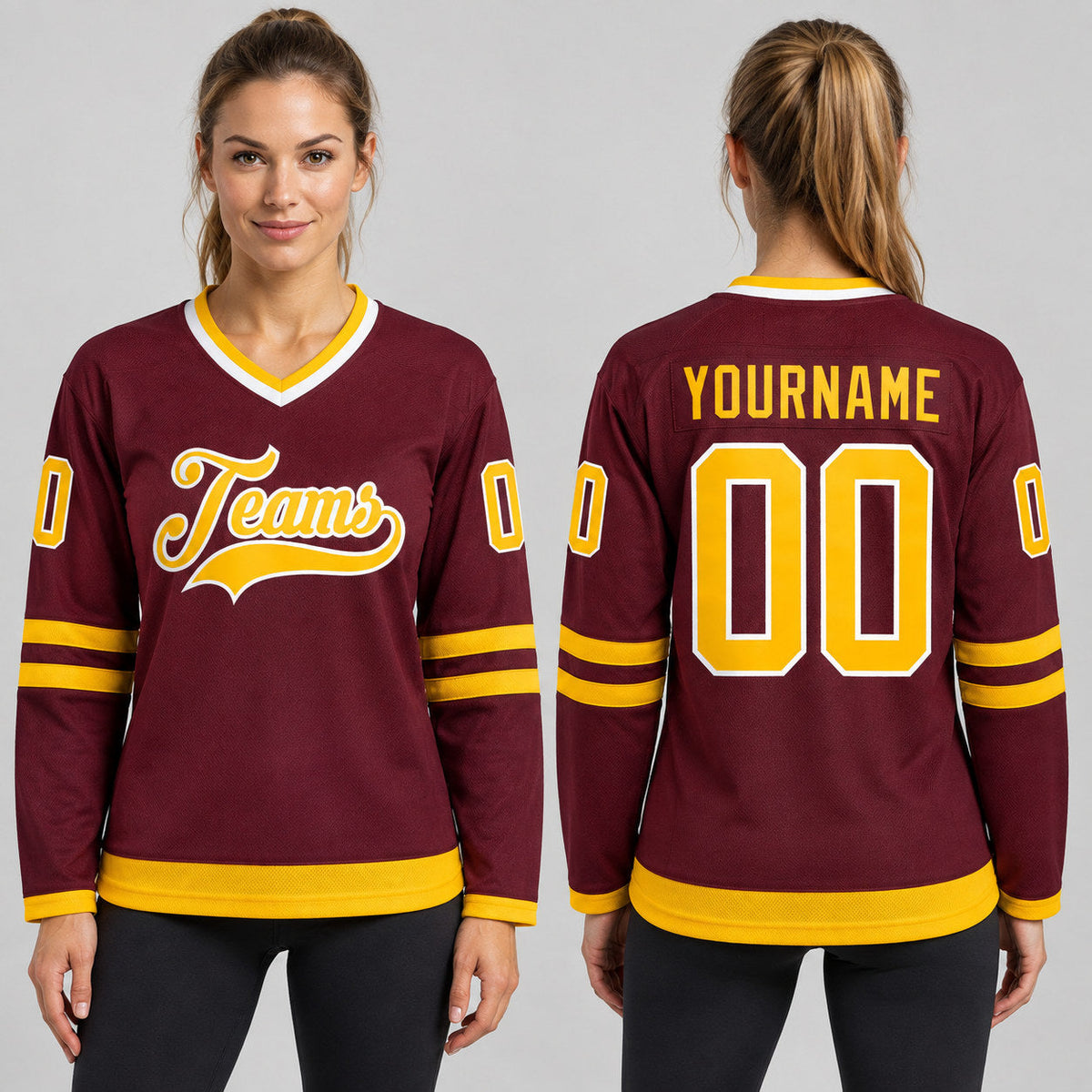 Custom Burgundy Hockey Jersey with Gold and White Lettering Design 0047 worn by female model