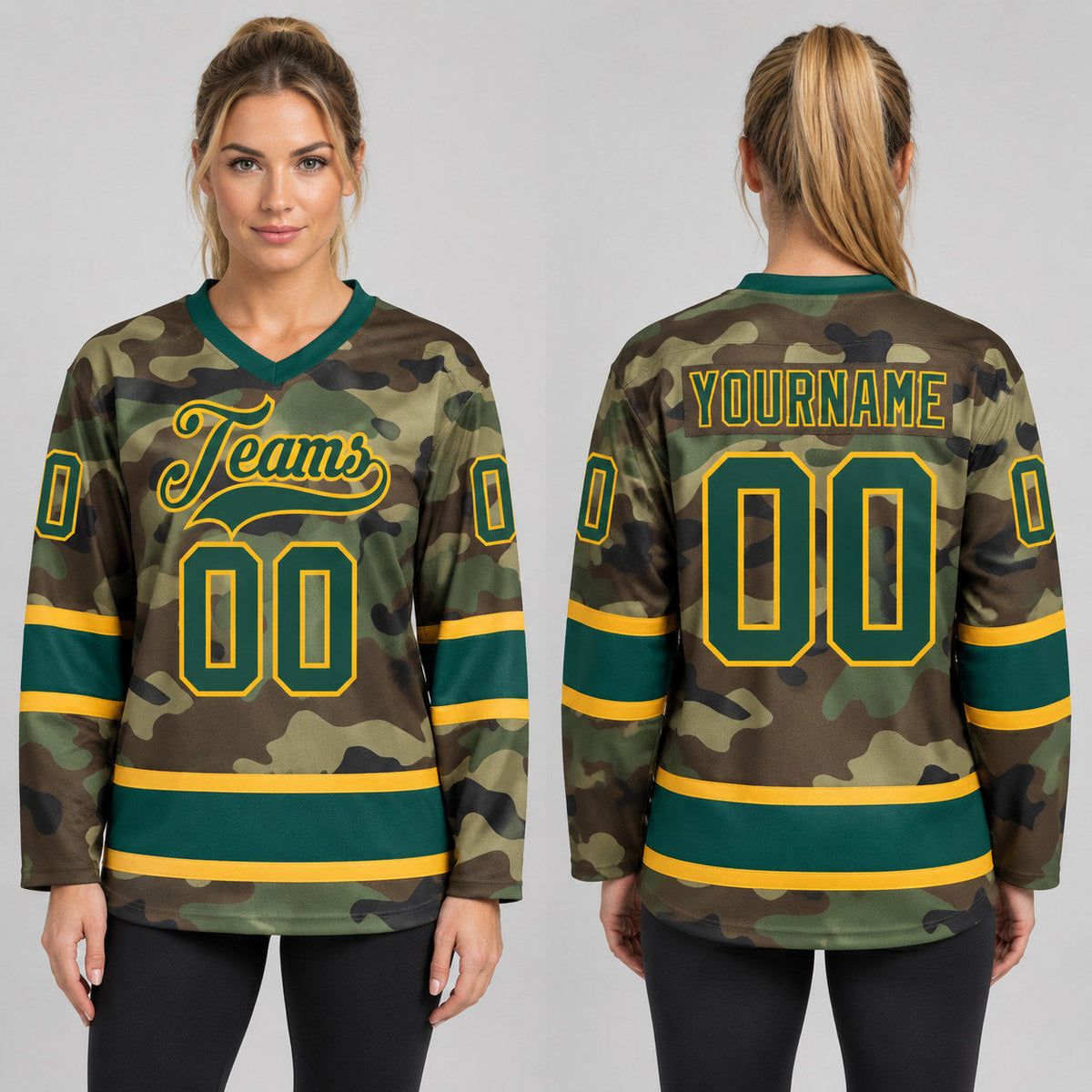 Custom Green and Gold Camo Salute To Service Hockey Jersey worn by female model