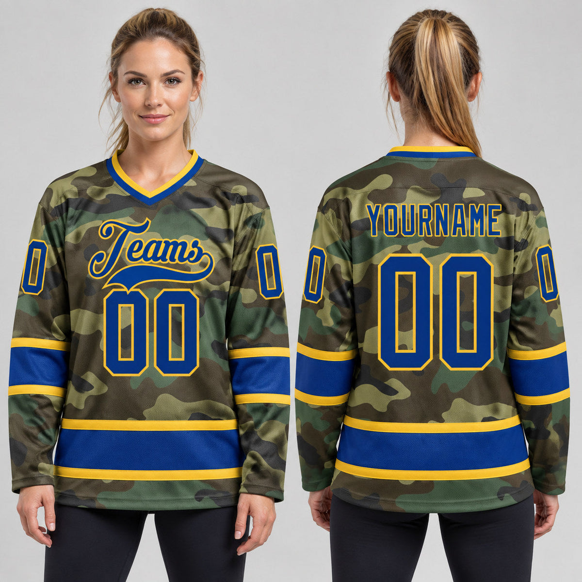Custom Royal and Gold Camo Salute To Service Hockey Jersey worn by female model
