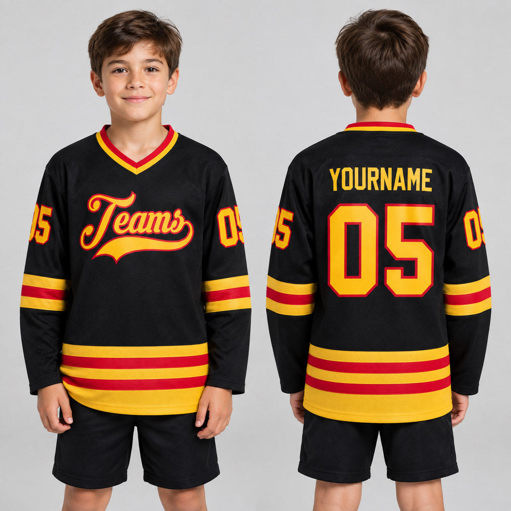 Custom Black Hockey Jersey with Gold and Red Lettering Design 0592 youth size worn by child model